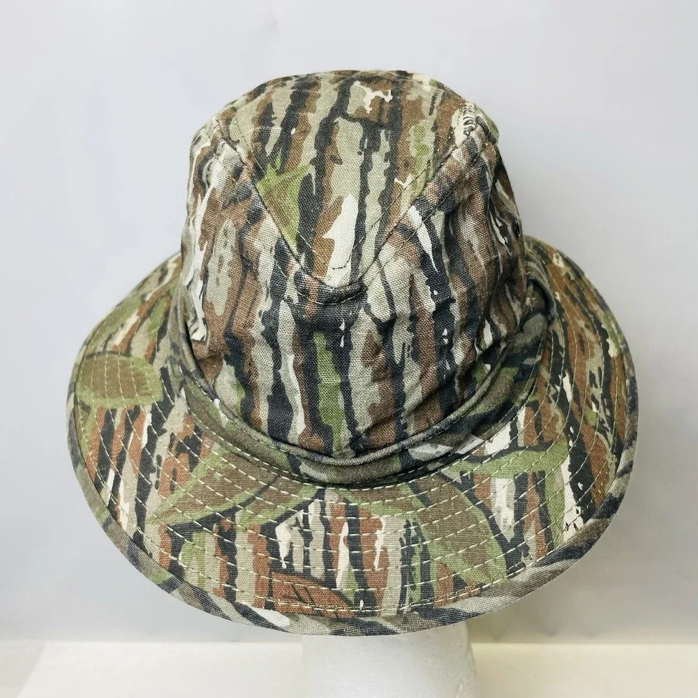 VINTAGE 80s 90s Real‎ tree Camo Boonie Bucket Hat Hunting Outdoors Size S